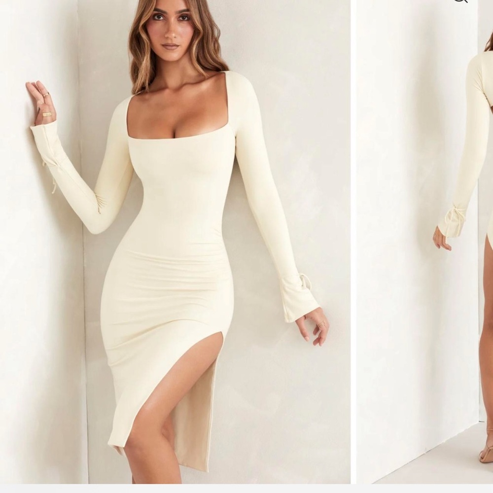 Oh Polly Cream Long Sleeve Dress with Side Slit